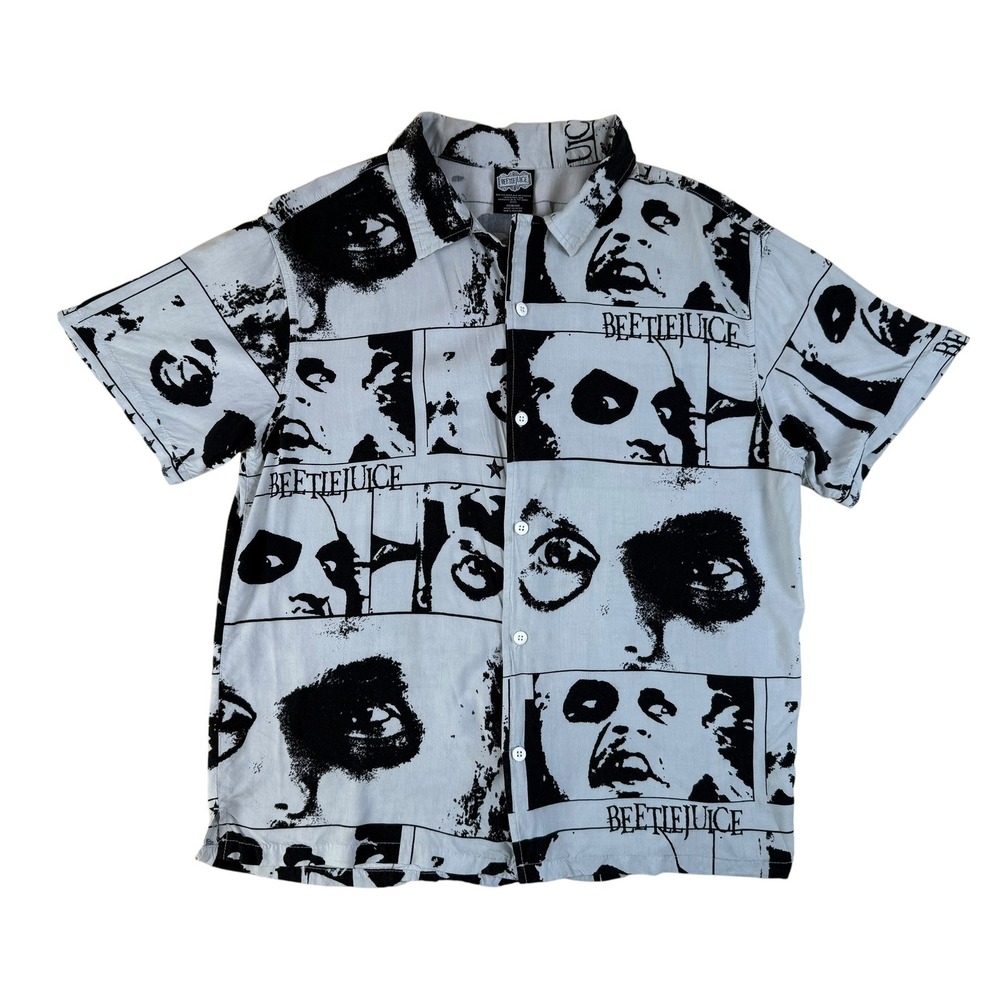 Beetlejuice Med Goth‎ Graphic Button Down Rayon Shirt Beetlejuice Print